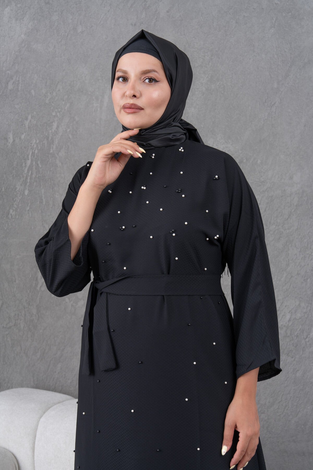 Belted Pearl-Detailed Evening Dress - Black - Fzd Filizzade