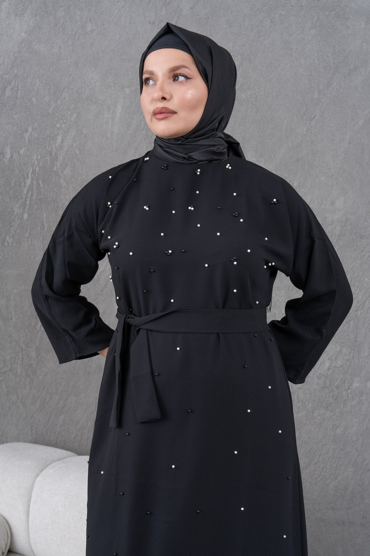 Belted Pearl-Detailed Evening Dress - Black - Fzd Filizzade
