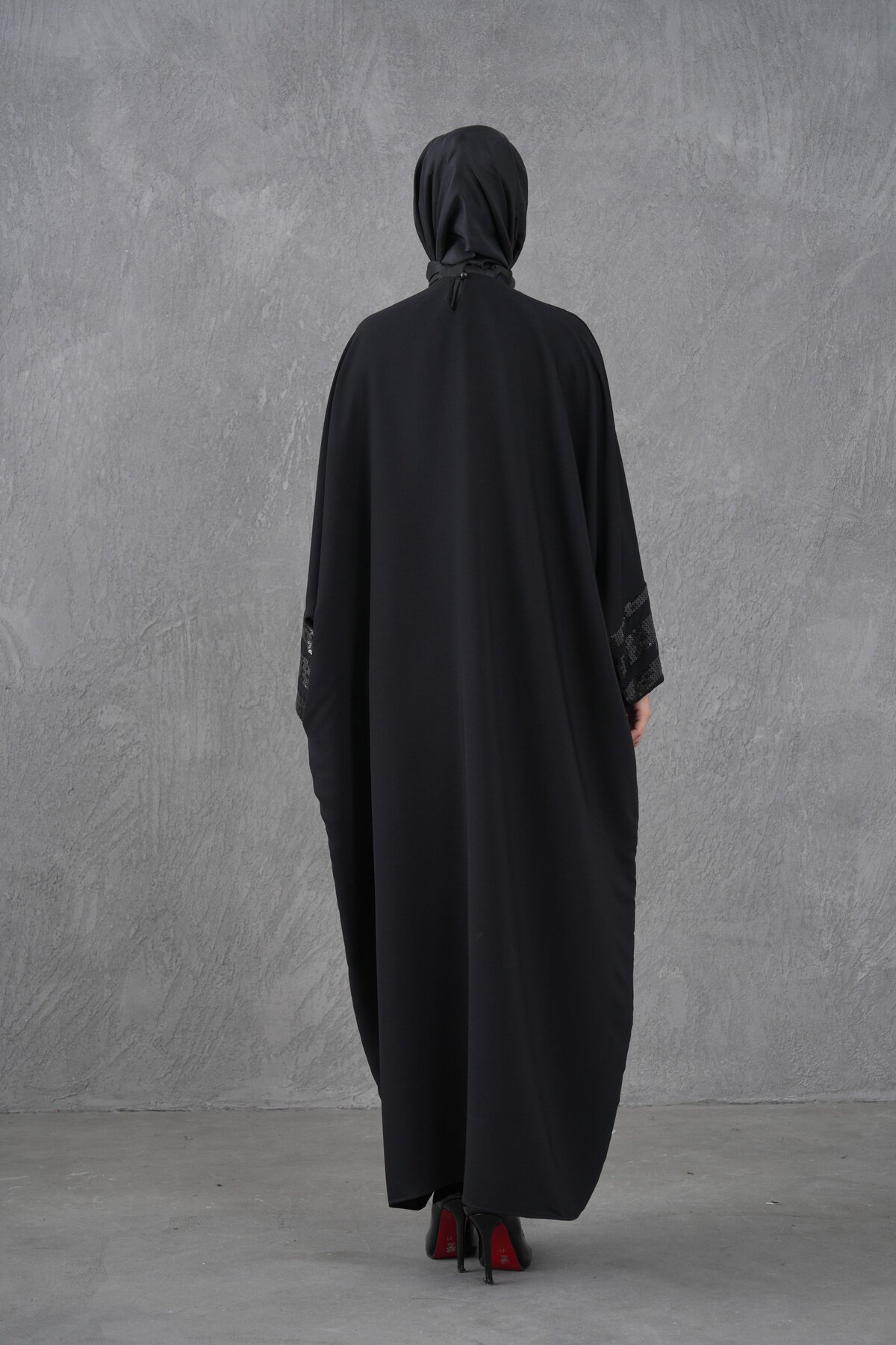 Embroidered Sleeve Sequin-Striped Abaya - Black - Fzd Filizzade