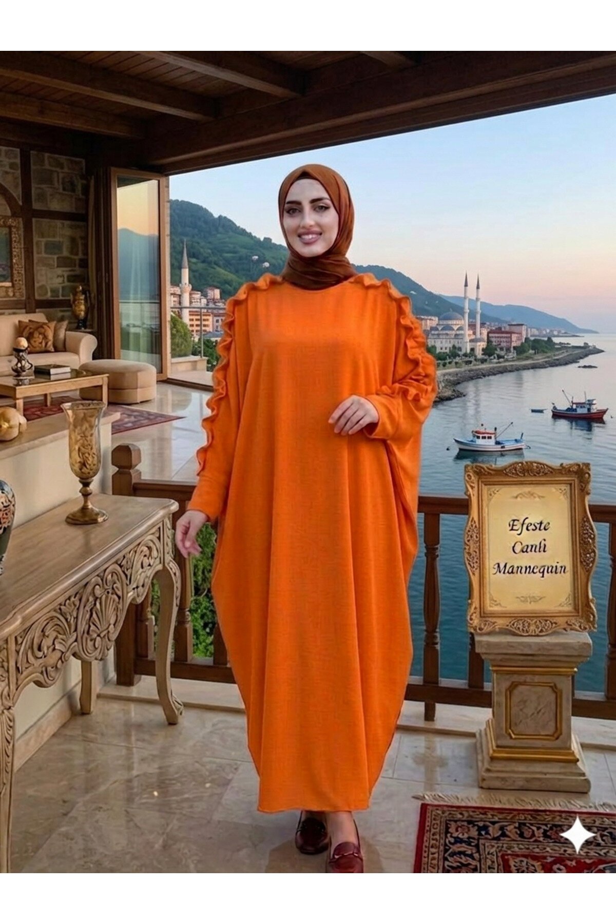 Turuncu Geniş Kesim Omuzdan Manşete Fırfırlı Ferace - Fzd Filizzade