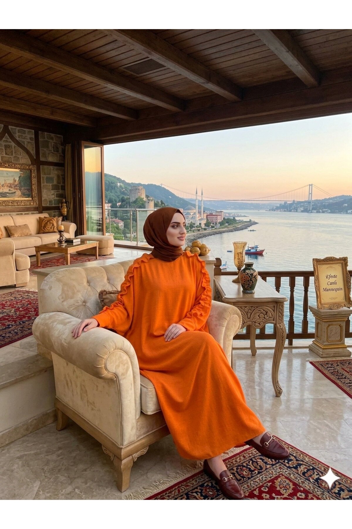 Turuncu Geniş Kesim Omuzdan Manşete Fırfırlı Ferace - Fzd Filizzade