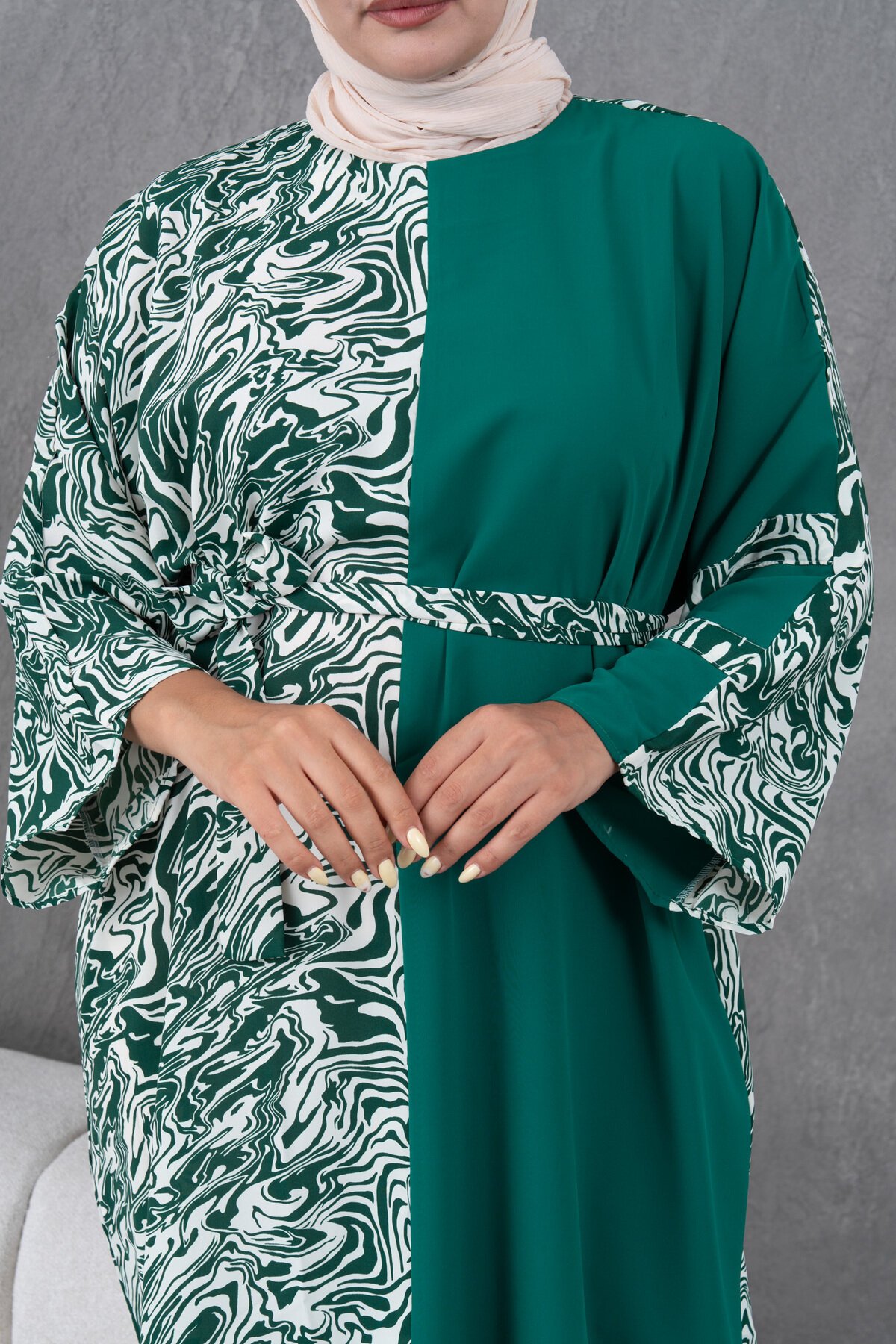 Loose-Fit Patterned Garnish Dress - Green - Fzd Filizzade