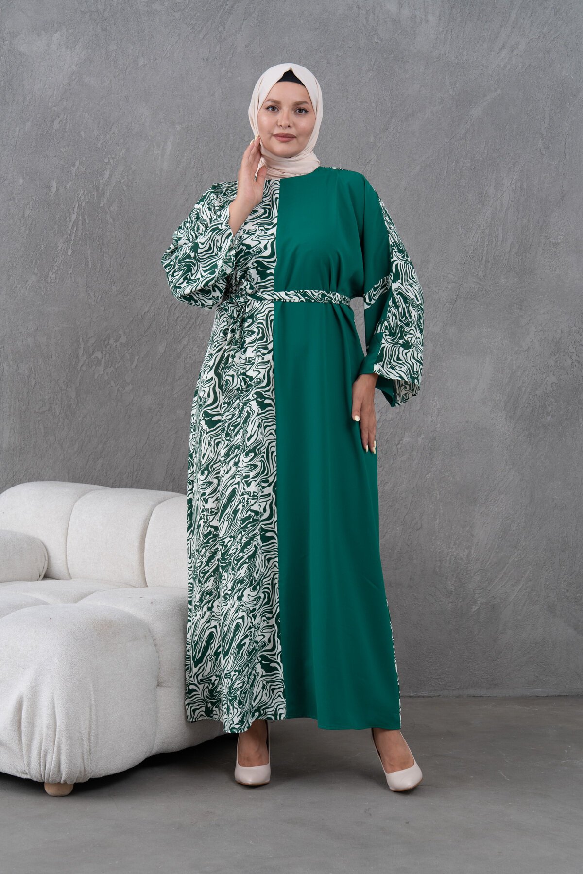 Loose-Fit Patterned Garnish Dress - Green - Fzd Filizzade