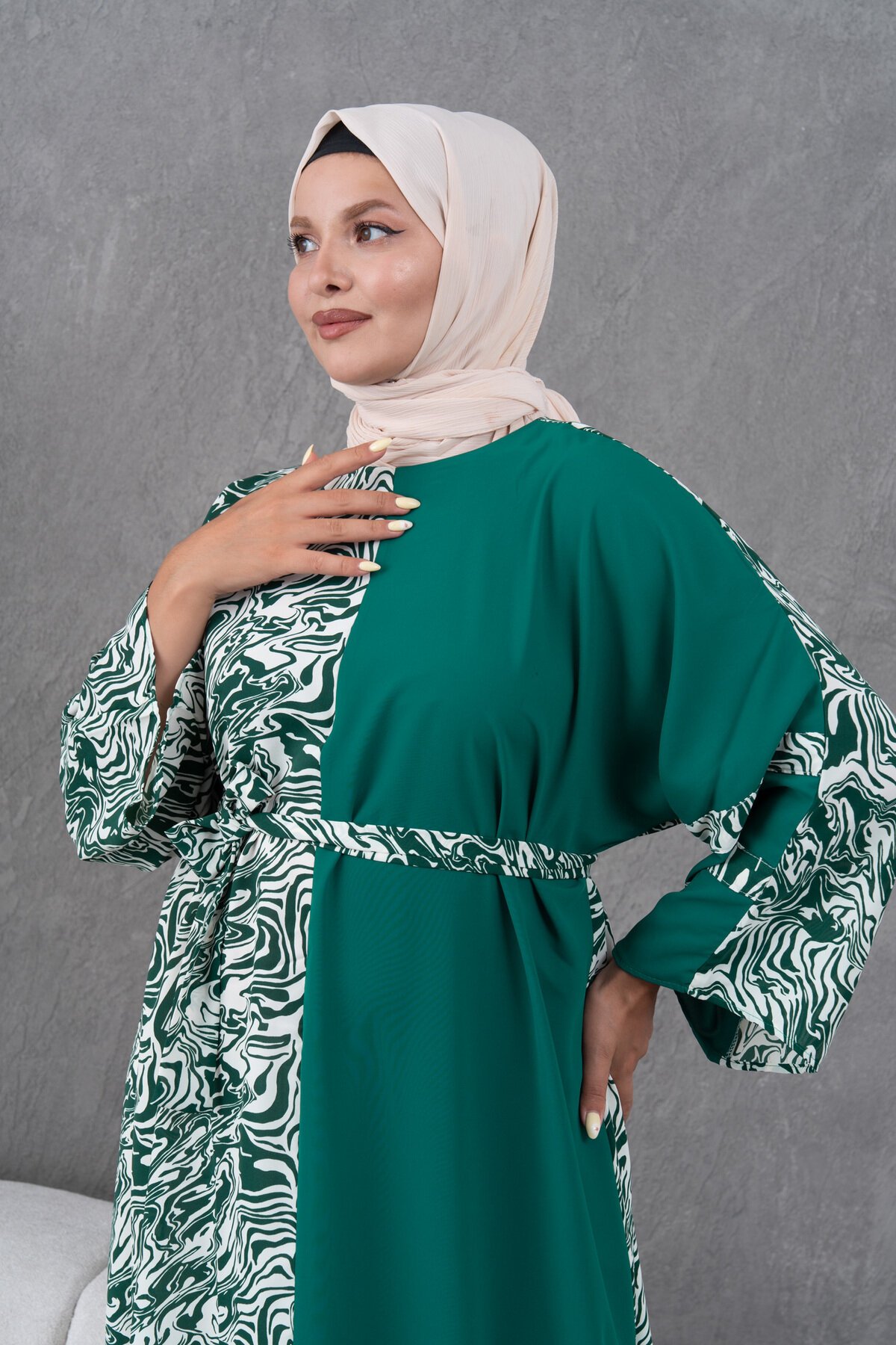 Loose-Fit Patterned Garnish Dress - Green - Fzd Filizzade