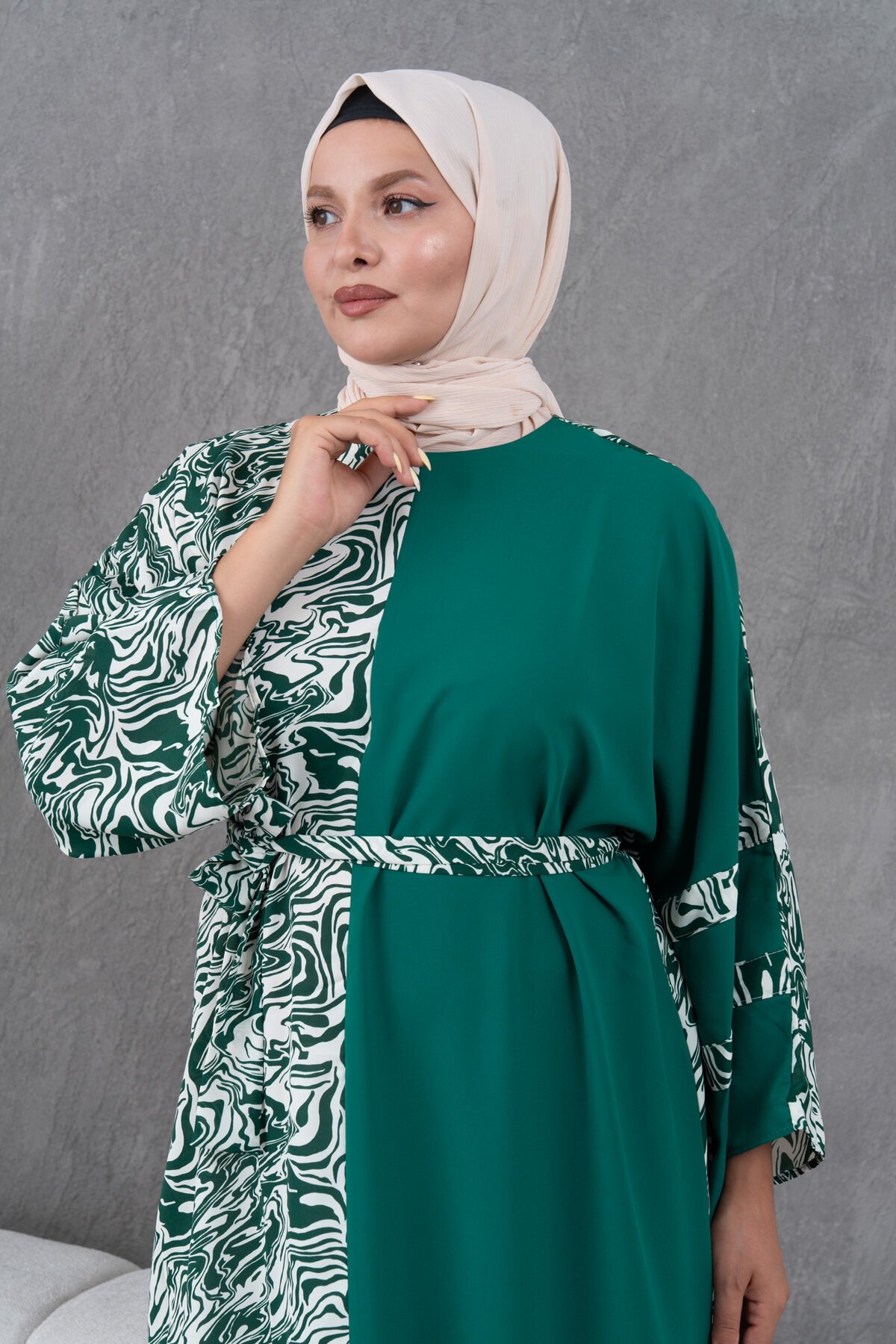 Loose-Fit Patterned Garnish Dress - Green - Fzd Filizzade