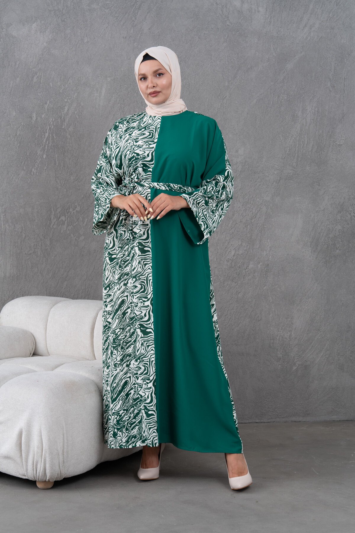 Loose-Fit Patterned Garnish Dress - Green - Fzd Filizzade