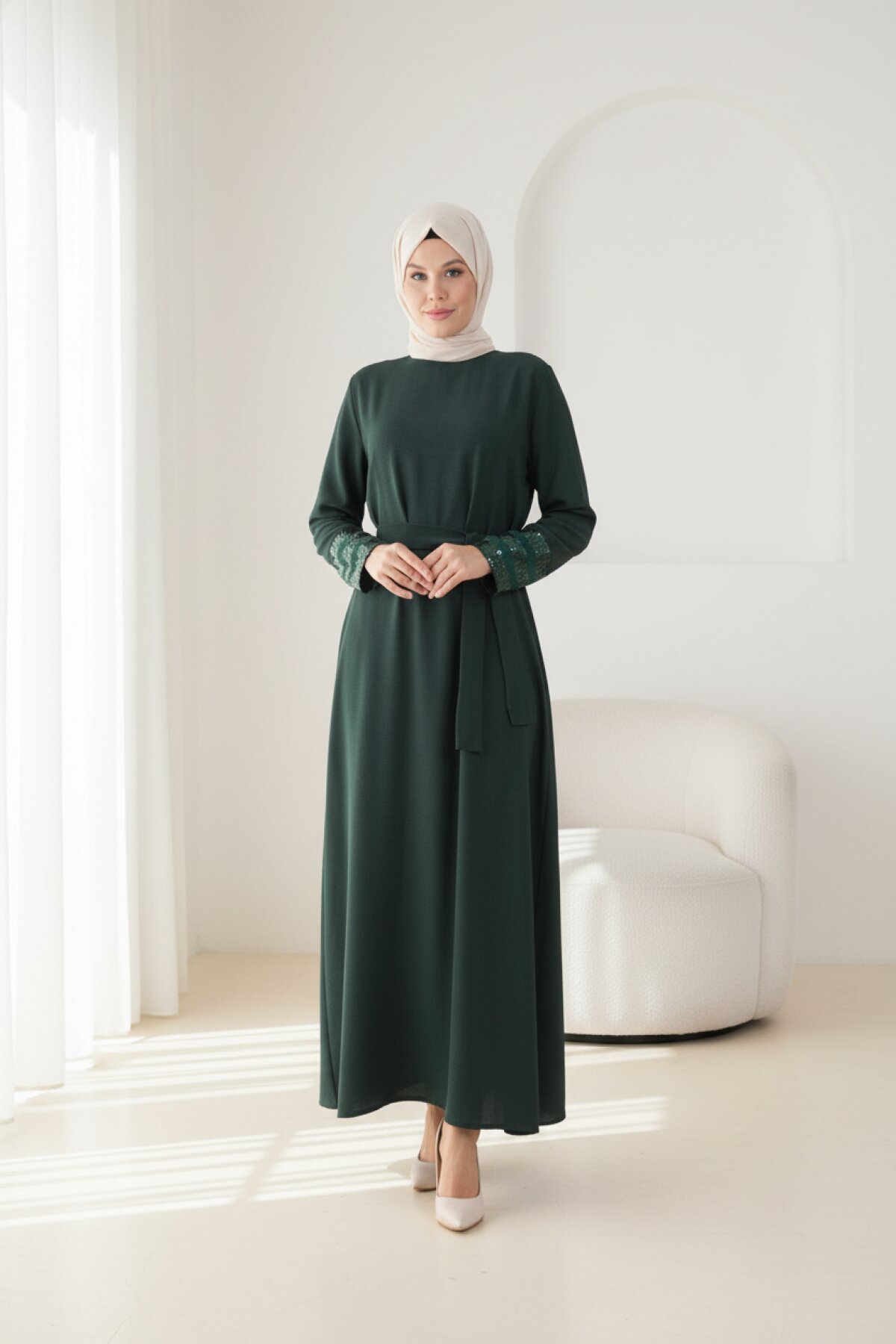 Sequin Detail Belted Dress - Emerald - Fzd Filizzade