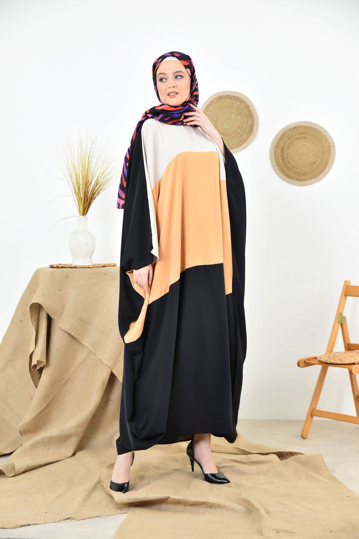 Black and Mustard Abaya - Black/Mustard - fzd