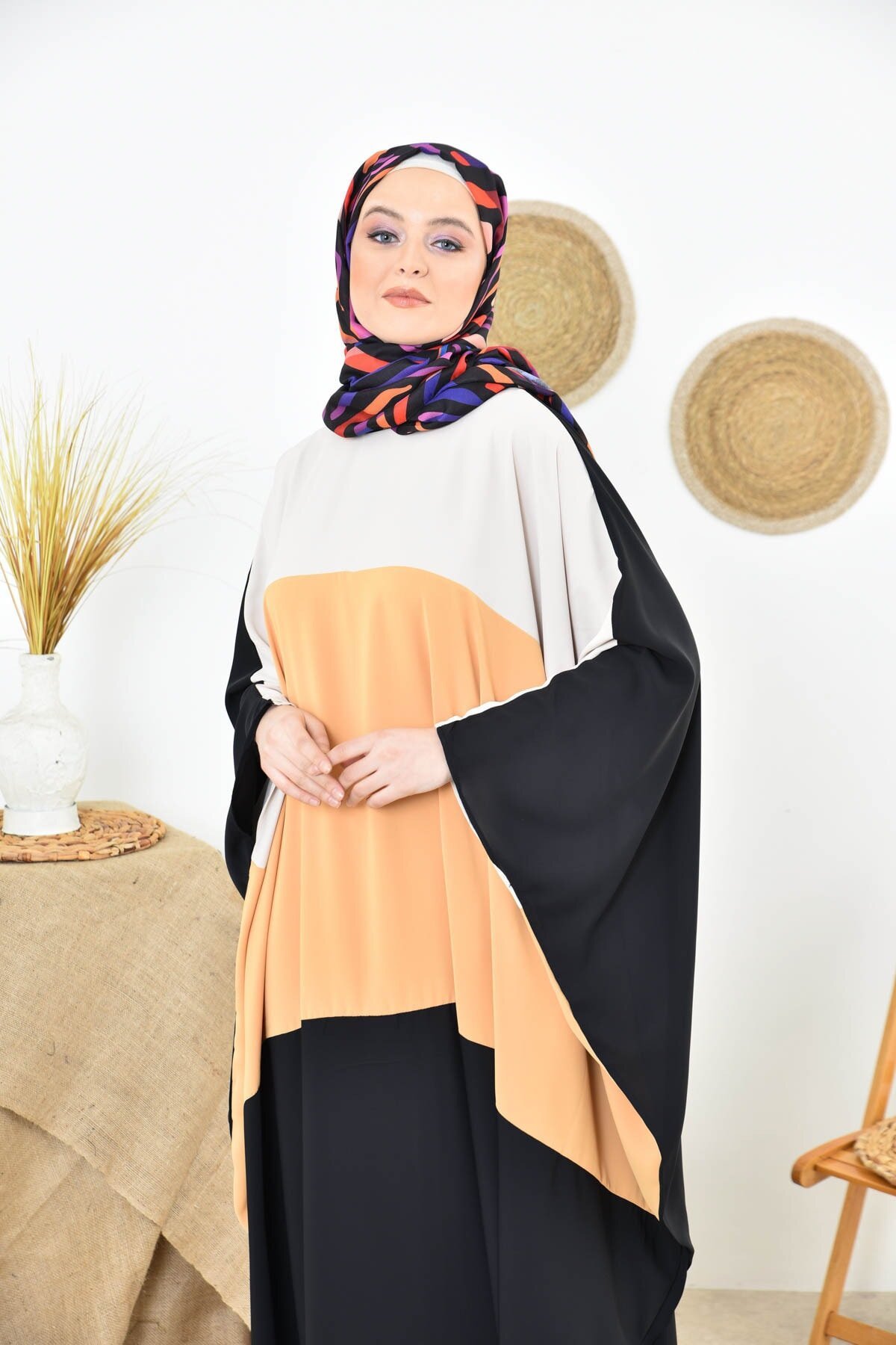 Black and Mustard Abaya - Black/Mustard - fzd