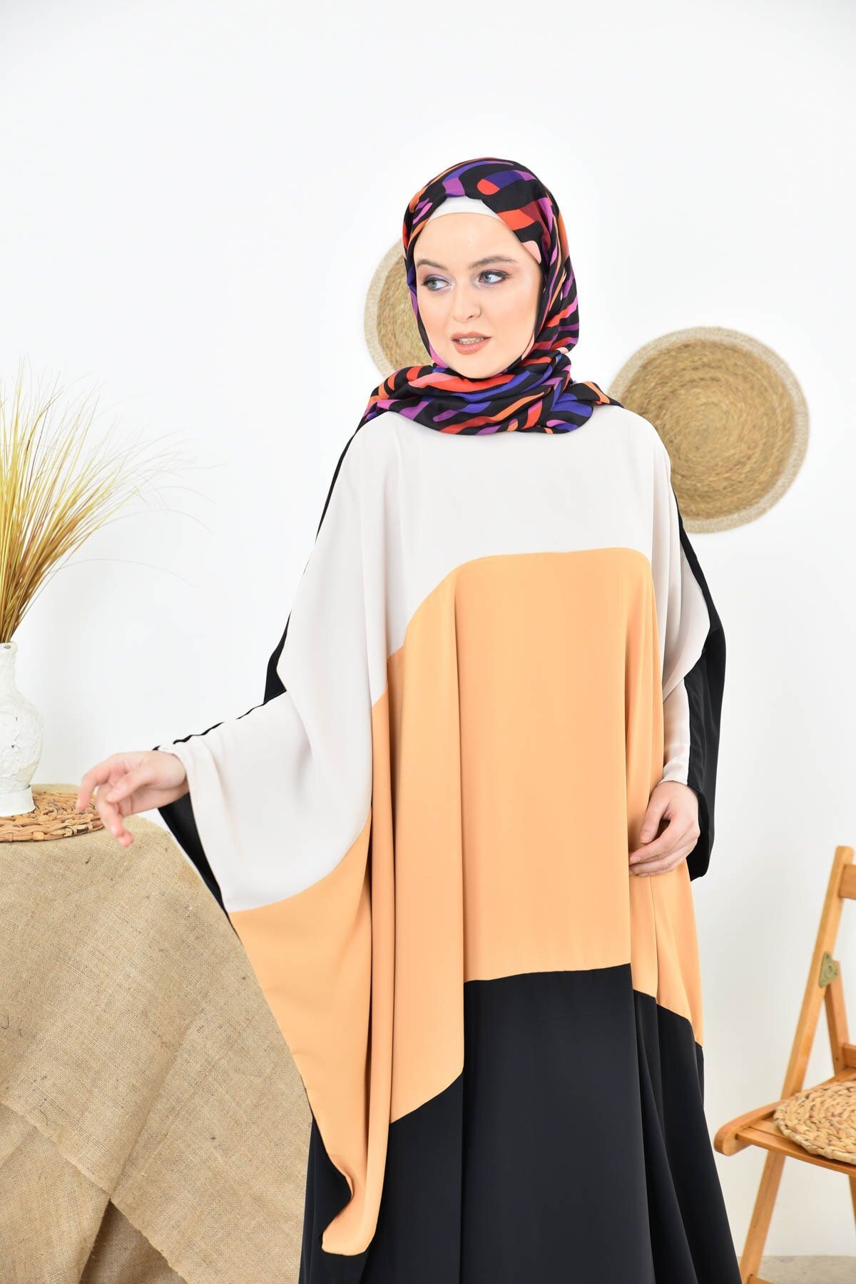 Black and Mustard Abaya - Black/Mustard - fzd