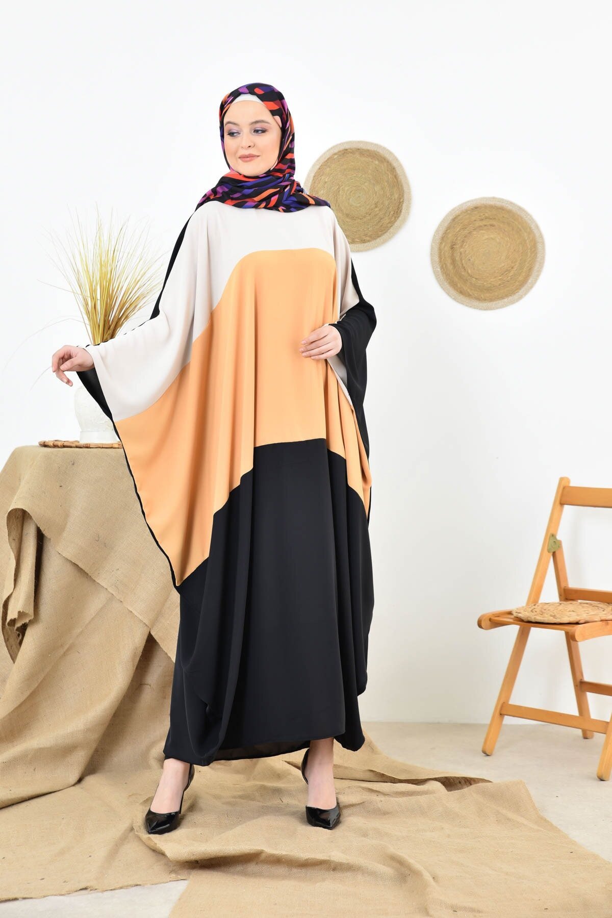 Black and Mustard Abaya - Black/Mustard - fzd