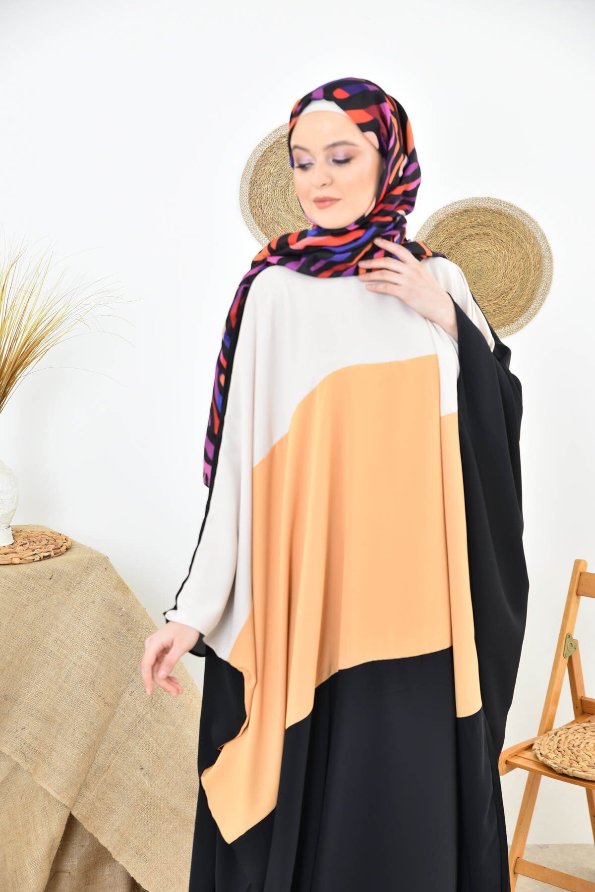 Black and Mustard Abaya - Black/Mustard - fzd