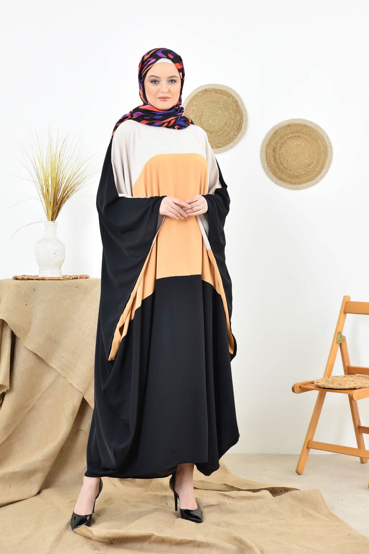 Black and Mustard Abaya - Black/Mustard - fzd