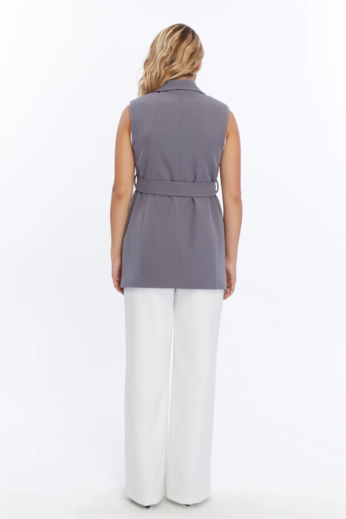 Belted Brooch-Detail Vest - Gray - Milamia