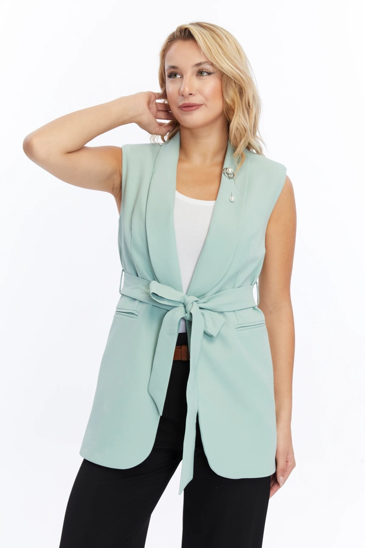 Belted Brooch-Detail Vest - Mint - Milamia