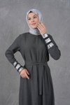 Antrasit Payet Garni Detaylı Kuşaklı Abiye Elbise