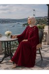 Bordo İnci Detaylı Büyük Beden Elbise Ferace