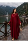 Bordo İnci Detaylı Büyük Beden Elbise Ferace