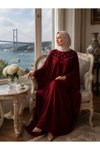 Bordo İnci Detaylı Büyük Beden Elbise Ferace