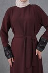 Bordo Payet Garnidetaylı Kuşaklı Elbise