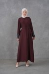 Bordo Payet Garnidetaylı Kuşaklı Elbise
