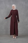 Bordo Payet Garnidetaylı Kuşaklı Elbise
