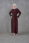 Bordo Payet Garnidetaylı Kuşaklı Elbise
