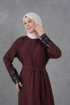 Bordo Payet Garnidetaylı Kuşaklı Elbise
