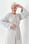 Gri Kuşaklı Önü Açık Abaya Ferace
