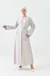 Gri Kuşaklı Önü Açık Abaya Ferace