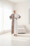 Kahve Ekru Desenli Garnili Kuşaklı Elbise
