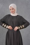 Kahverengi Kuşaklı Kolları Payet Garni Detaylı Abiye Elbise