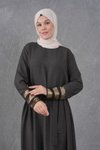 Kahverengi Kuşaklı Kolları Payet Garni Detaylı Abiye Elbise