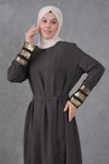 Kahverengi Kuşaklı Kolları Payet Garni Detaylı Abiye Elbise