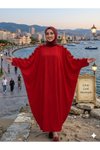Kırmızı Geniş Kesim Omuzdan Manşete Kadar Fırfırlı Ferace