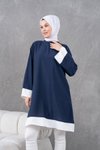 Lacivert Ekru Garnili Diz Boyu Sala Tunik