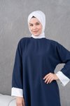 Lacivert Ekru Garnili Diz Boyu Sala Tunik