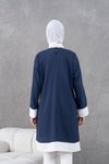 Lacivert Ekru Garnili Diz Boyu Sala Tunik