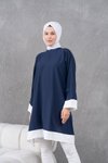 Lacivert Ekru Garnili Diz Boyu Sala Tunik