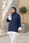 Loose Ruffle Navy Blue and Ecru Trimmed Tunic - Navy Blue