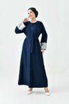 Lacivert Önü Açık Kuşaklı Abaya Ferace