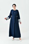 Lacivert Önü Açık Kuşaklı Abaya Ferace