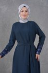 Lacivert Payet Garnidetaylı Kuşaklı Elbise
