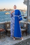 Sax Düz V-Desenli Kol Beden Garnili Kuşaklı Elbise