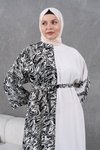 Siyah Ekru Desenli Salaş Garnili Elbise