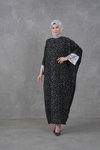 Siyah Gümüş Pulpayetli Ön Arka Farklı Manşetli Abaya Ferace