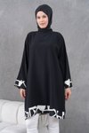 Siyah Krem Garnili Diz Boyu Salaş Tunik