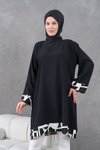 Siyah Krem Garnili Diz Boyu Salaş Tunik