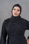 Siyah Kuşaklı Önü İnci Detaylı Abiye Elbise