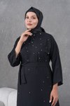 Siyah Kuşaklı Önü İnci Detaylı Abiye Elbise